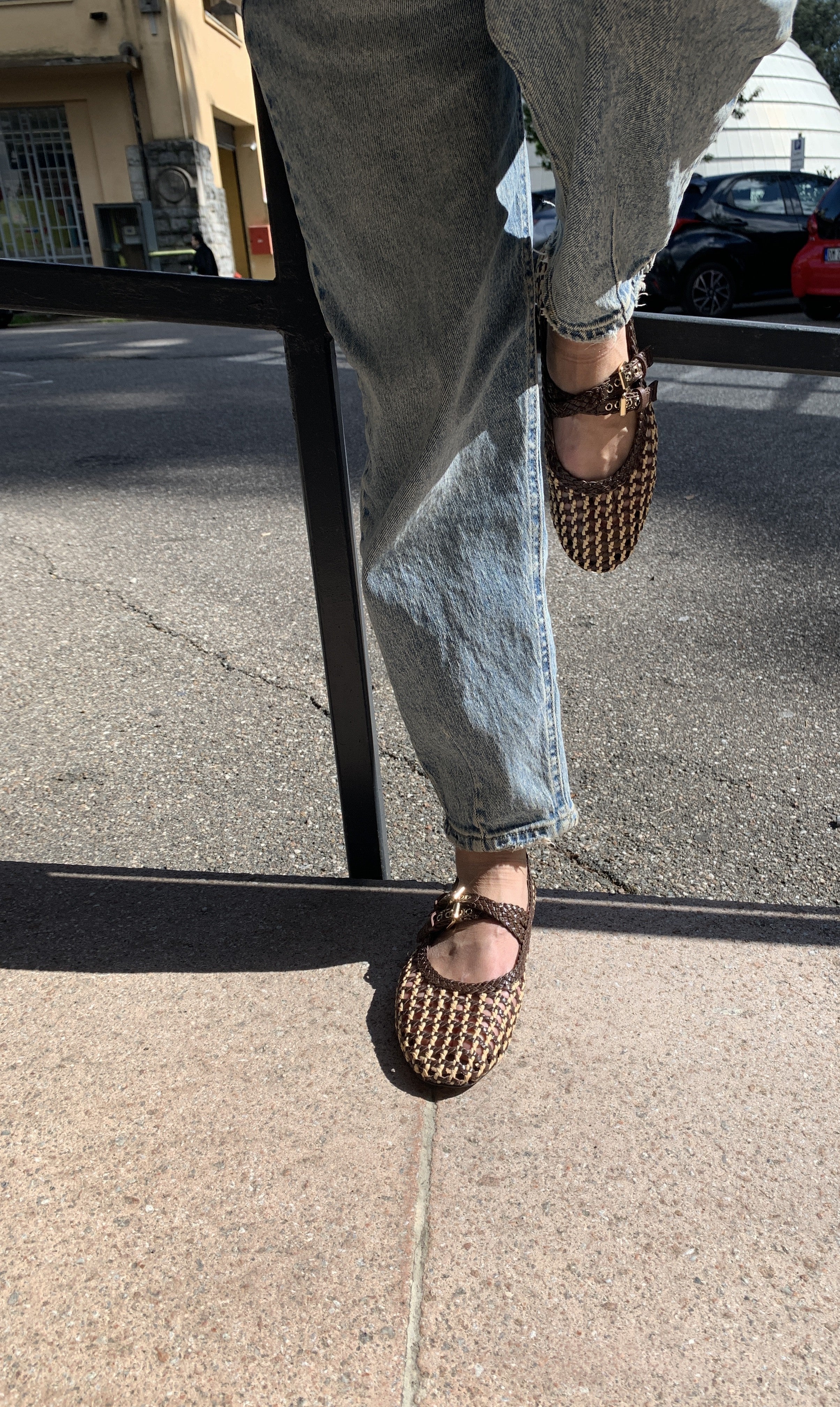 Woven ballet flat with double strap