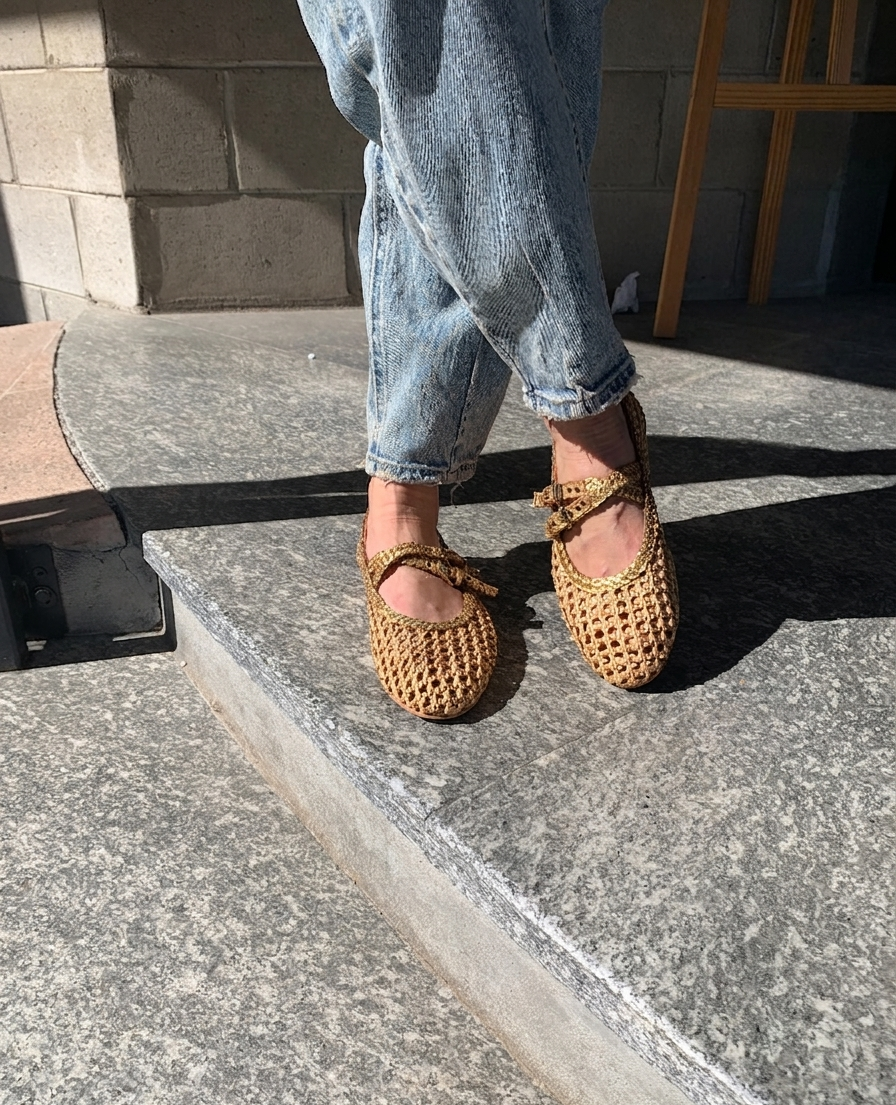 Woven ballet flat with double strap