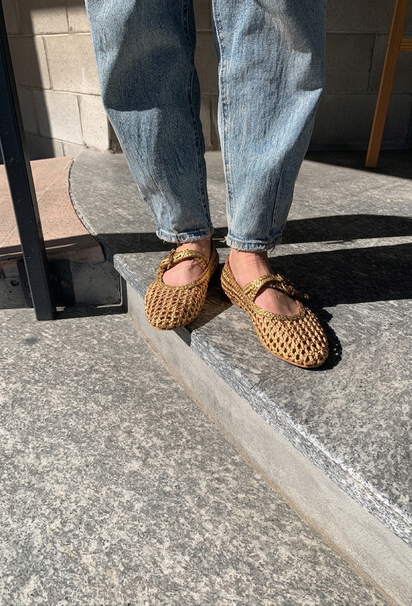 Woven ballet flat with double strap