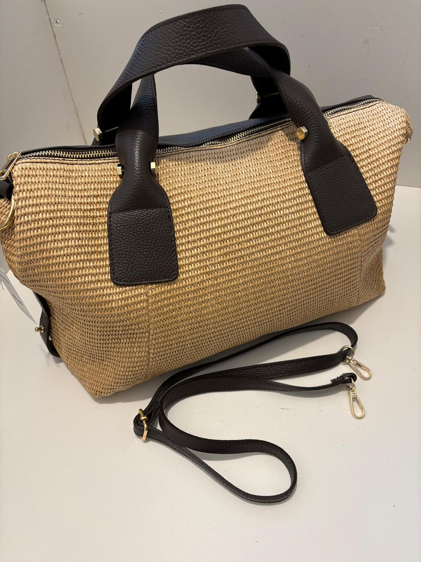 Large woven and leather shoulder bag