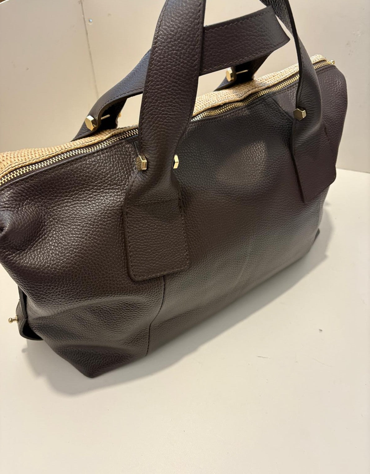 Large woven and leather shoulder bag