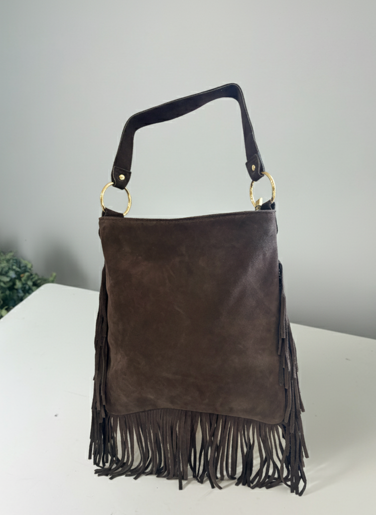 Borsa artigianale in camoscio con frange