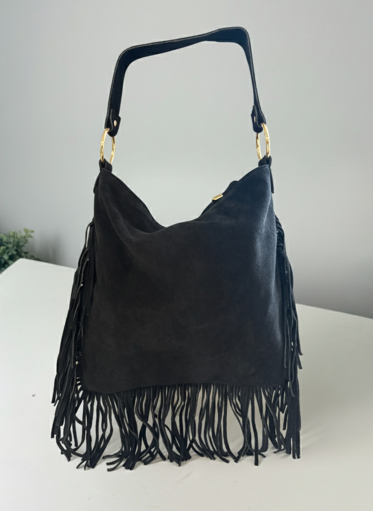 Borsa artigianale in camoscio con frange
