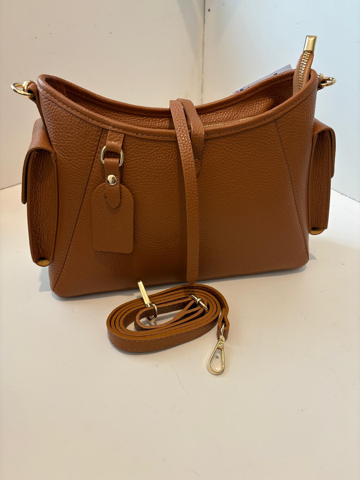 Orange peel effect leather bag in tan with gold details