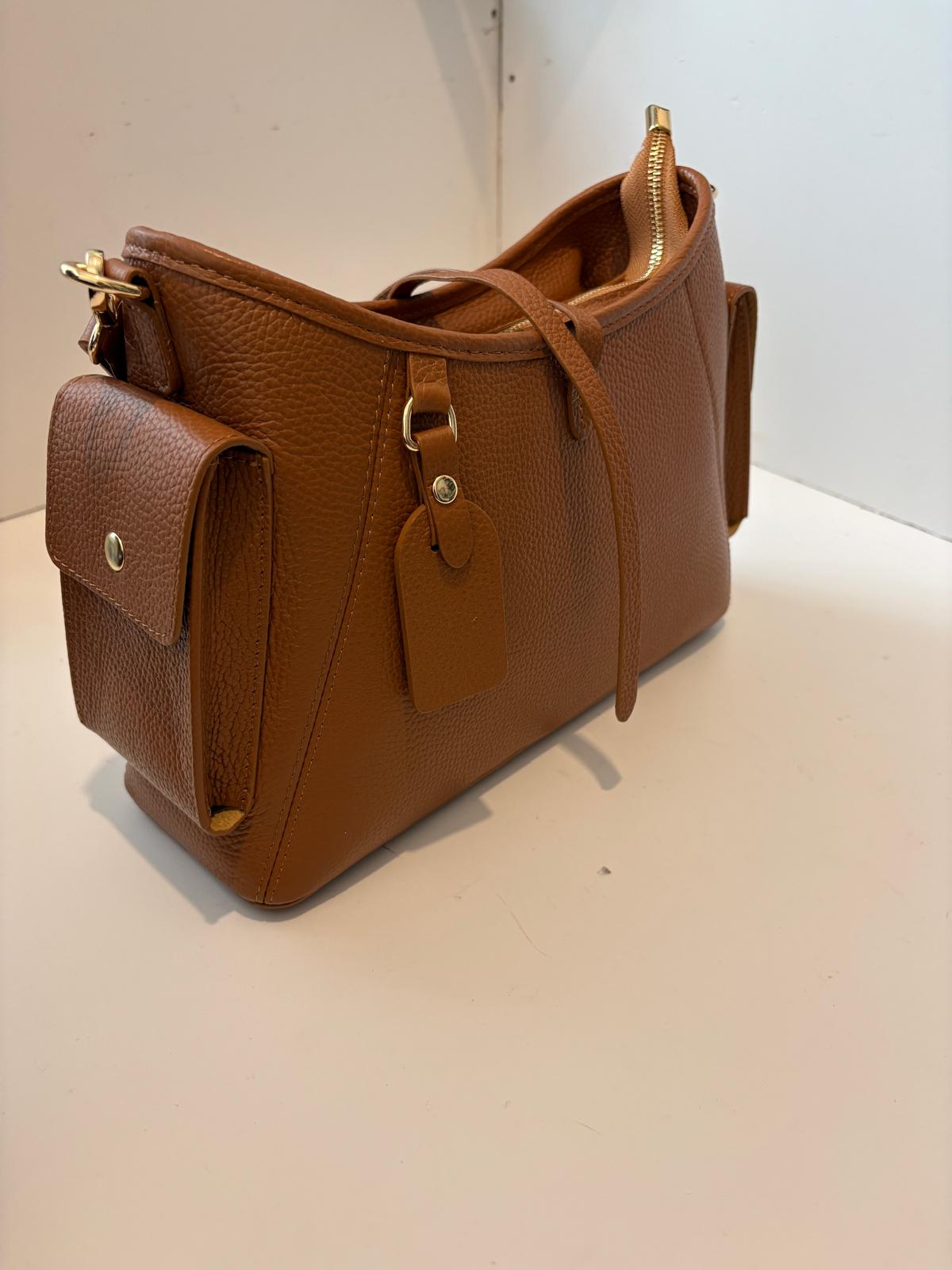 Orange peel effect leather bag in tan with gold details