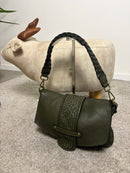 Borsa in pelle verde militare con manico intrecciato