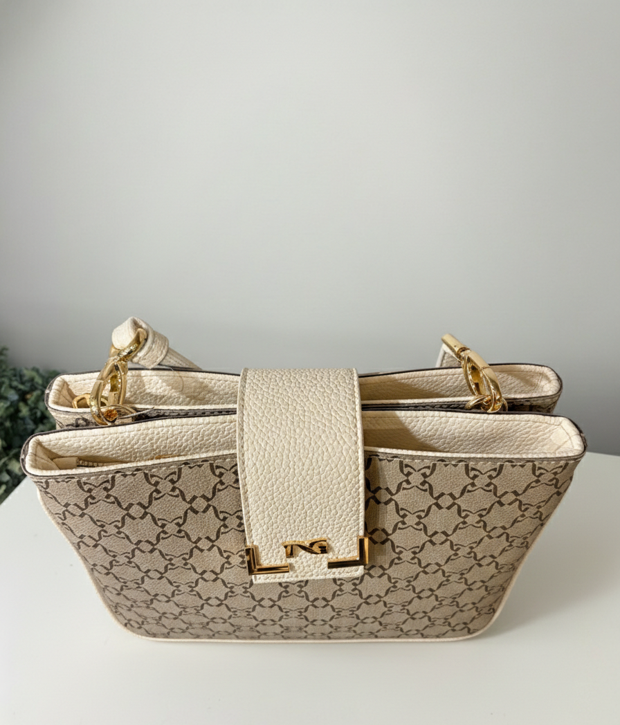 Borsa piccola a tracolla Nero Giardini doppio scomparto bordi beige