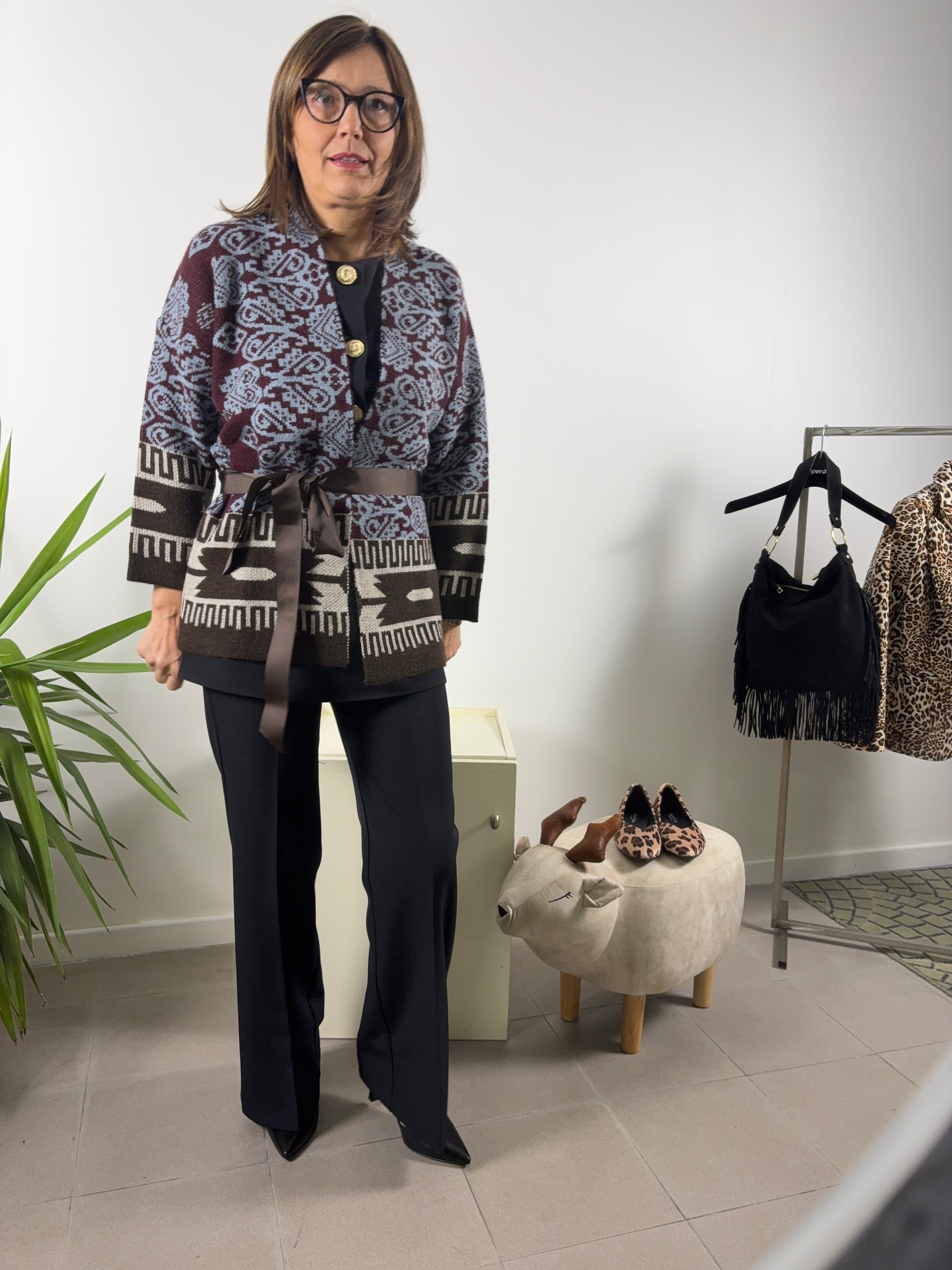 Cardigan fantasia Blue Joint con fascia grosgrain in vita