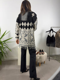 Cardigan geometrico Blue Joint con frange