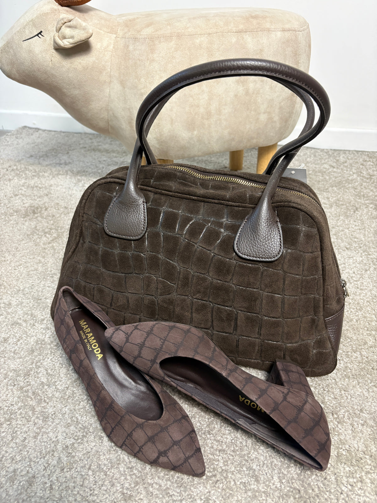 Borsa a bauletto in pelle scamosciata stampa cocco