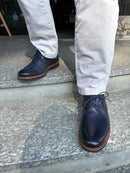 Derby uomo in pelle blu con bordo cuoio