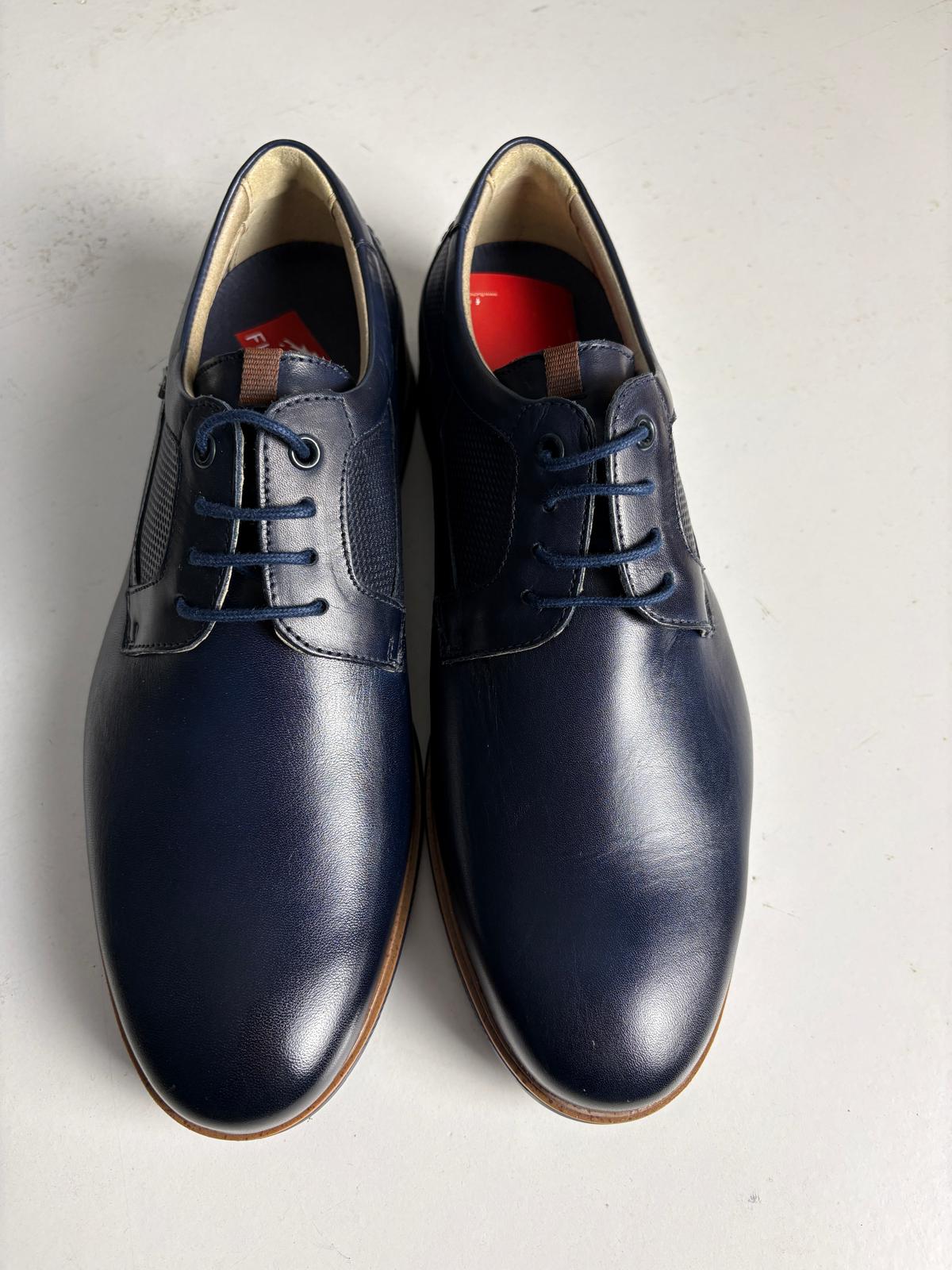 Derby uomo in pelle blu con bordo cuoio