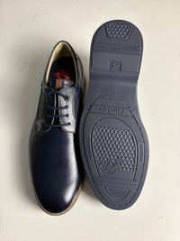 Derby uomo in pelle blu con bordo cuoio