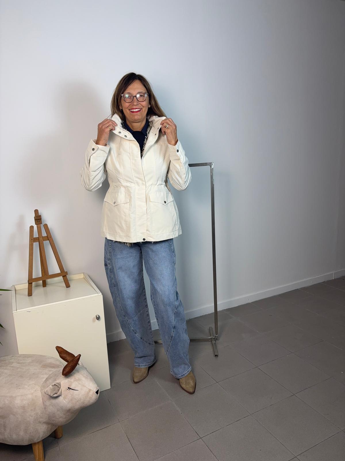 Waterproof butter-colored safari jacket with inner drawstring
