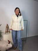 Waterproof butter-colored safari jacket with inner drawstring