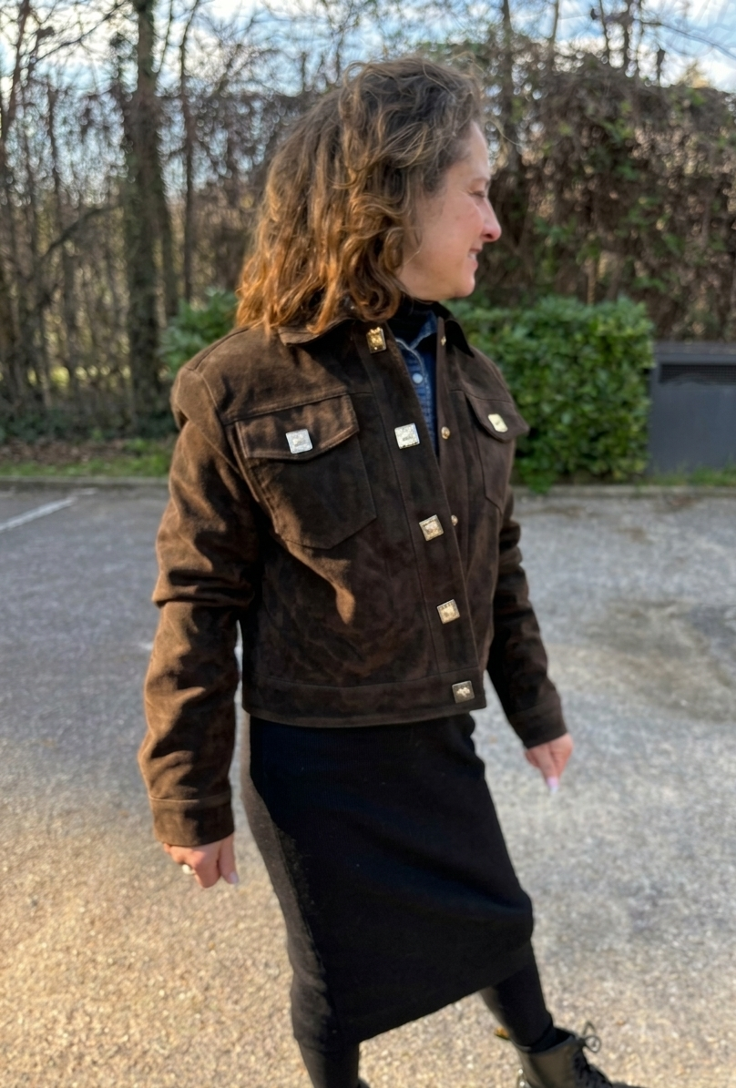 Faux suede jacket with gold jewel buttons
