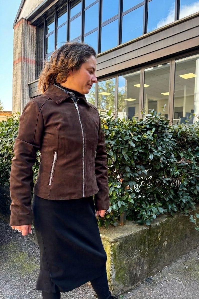 Dark brown faux suede jacket with zip