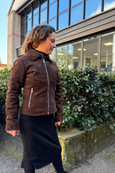 Dark brown faux suede jacket with zip