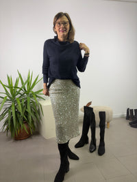 Gonna in paillettes panna con spacco posteriore