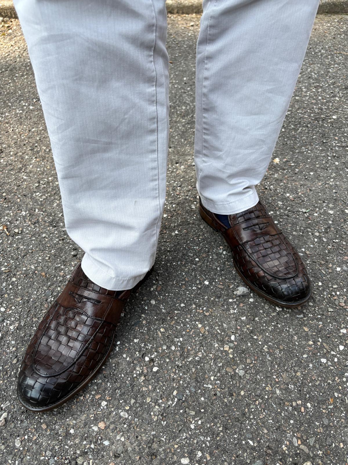 Mocassini uomo Exton intrecciati in pelle marrone