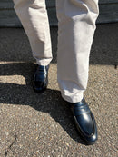 Mocassini uomo pelle blu effetto spazzolato