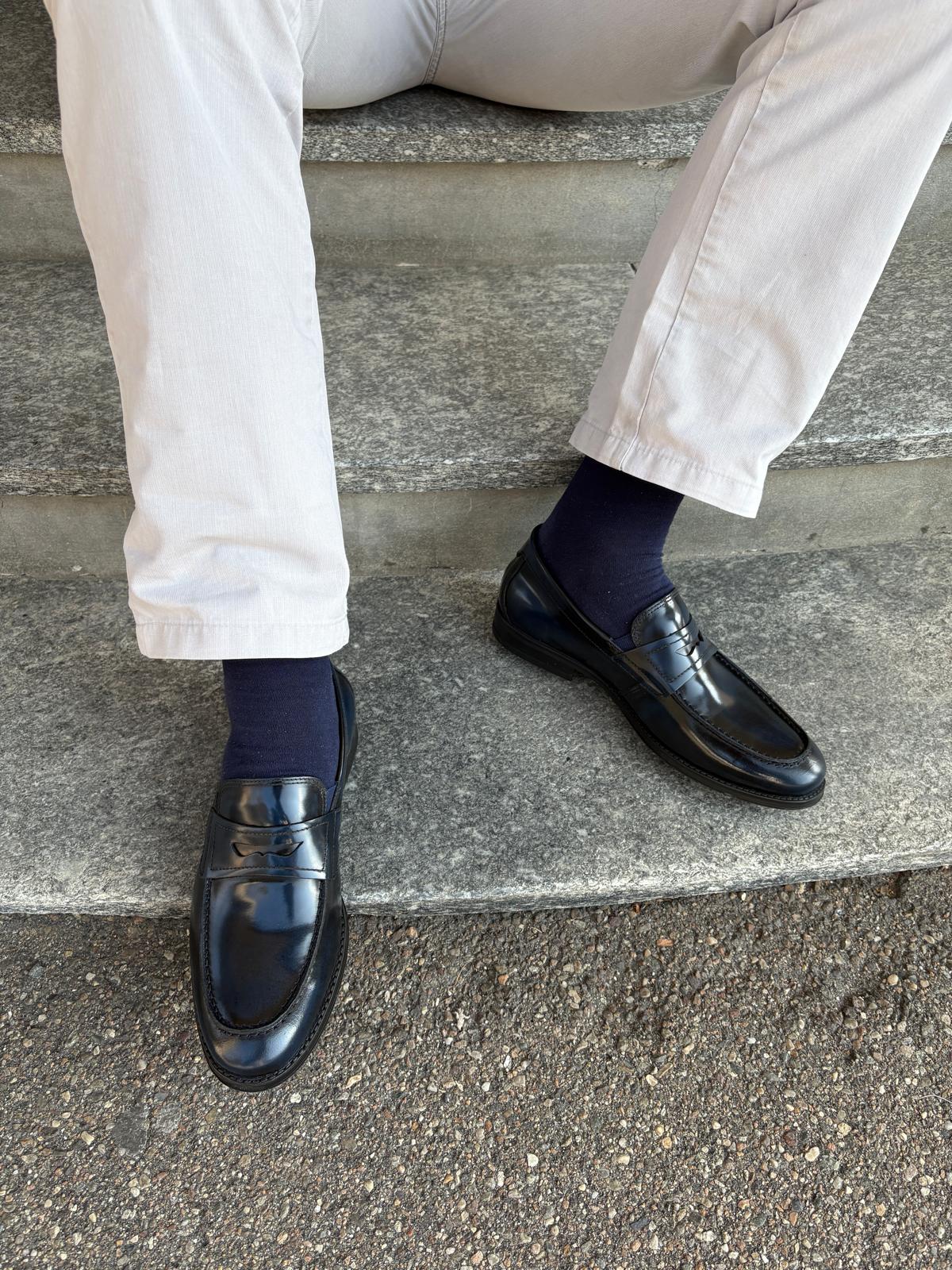 Mocassini uomo pelle blu effetto spazzolato