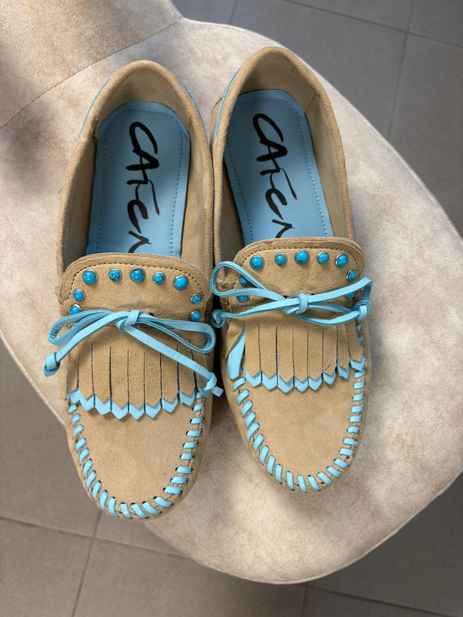 Mocassini CafèNoir stile indiano in pelle nabuk con frange