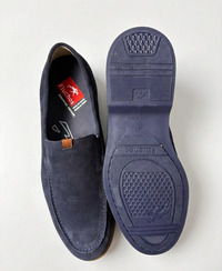 Men's blue suede loafer with leather trim