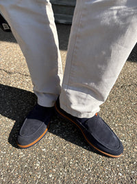 Men's blue suede loafer with leather trim