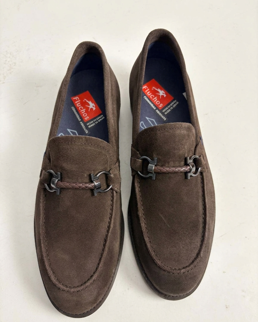 Men's dark brown suede loafer with bit