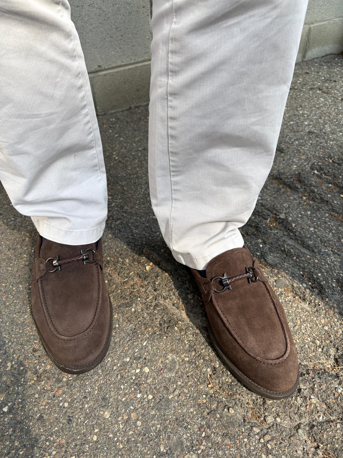 Men's dark brown suede loafer with bit