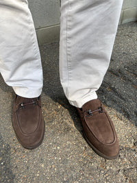 Men's dark brown suede loafer with bit