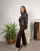 Smooth faux suede kick-flare trousers
