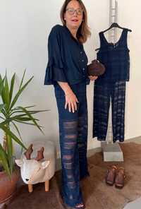 Pantalone ricamato in cotone con elastico in vita