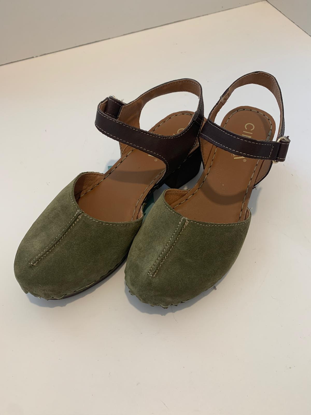 Cinzia Soft green suede heeled clogs with strap