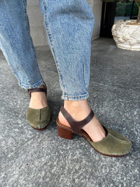 Cinzia Soft green suede heeled clogs with strap