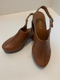 Cinzia Soft cognac leather heeled clogs with adjustable strap