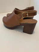 Cinzia Soft cognac leather heeled clogs with adjustable strap
