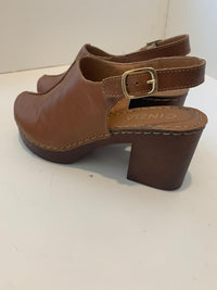 Cinzia Soft cognac leather heeled clogs with adjustable strap