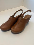 Cinzia Soft cognac leather heeled clogs with adjustable strap