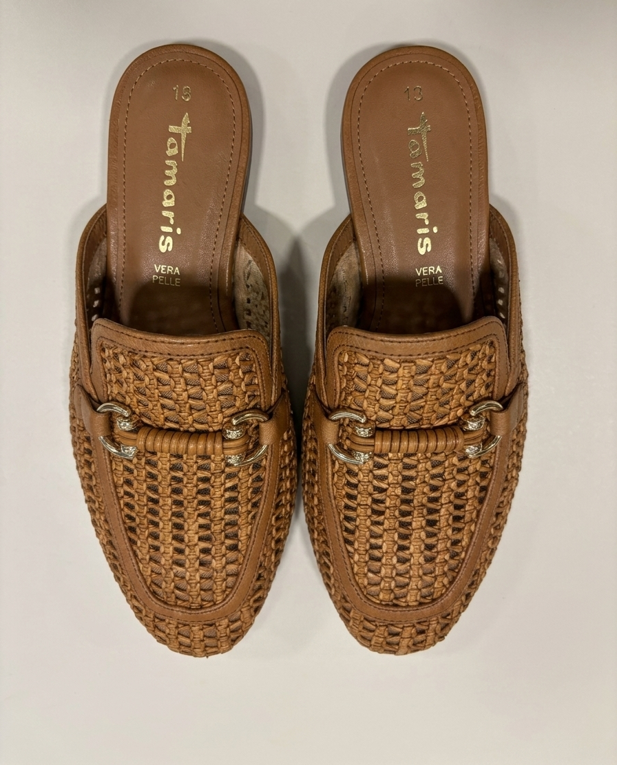Tamaris woven raffia and leather clogs with snaffle detail