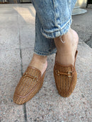 Tamaris woven raffia and leather clogs with snaffle detail