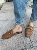 Tamaris woven raffia and leather clogs with snaffle detail