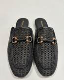Tamaris woven raffia and leather clogs with snaffle detail