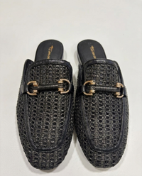 Tamaris woven raffia and leather clogs with snaffle detail