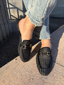 Tamaris woven raffia and leather clogs with snaffle detail