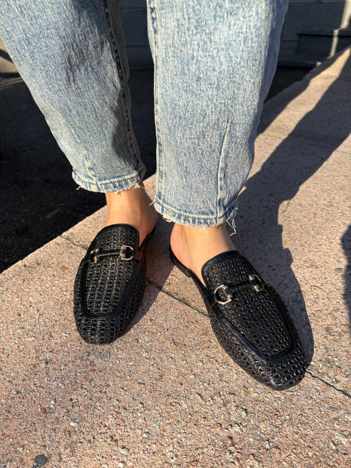 Tamaris woven raffia and leather clogs with snaffle detail