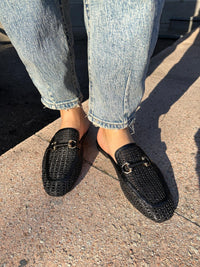 Tamaris woven raffia and leather clogs with snaffle detail