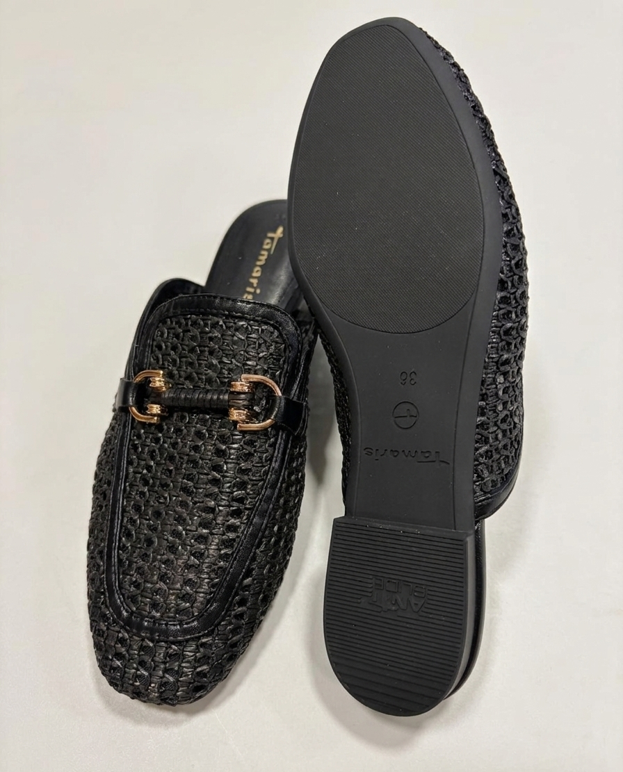 Tamaris woven raffia and leather clogs with snaffle detail