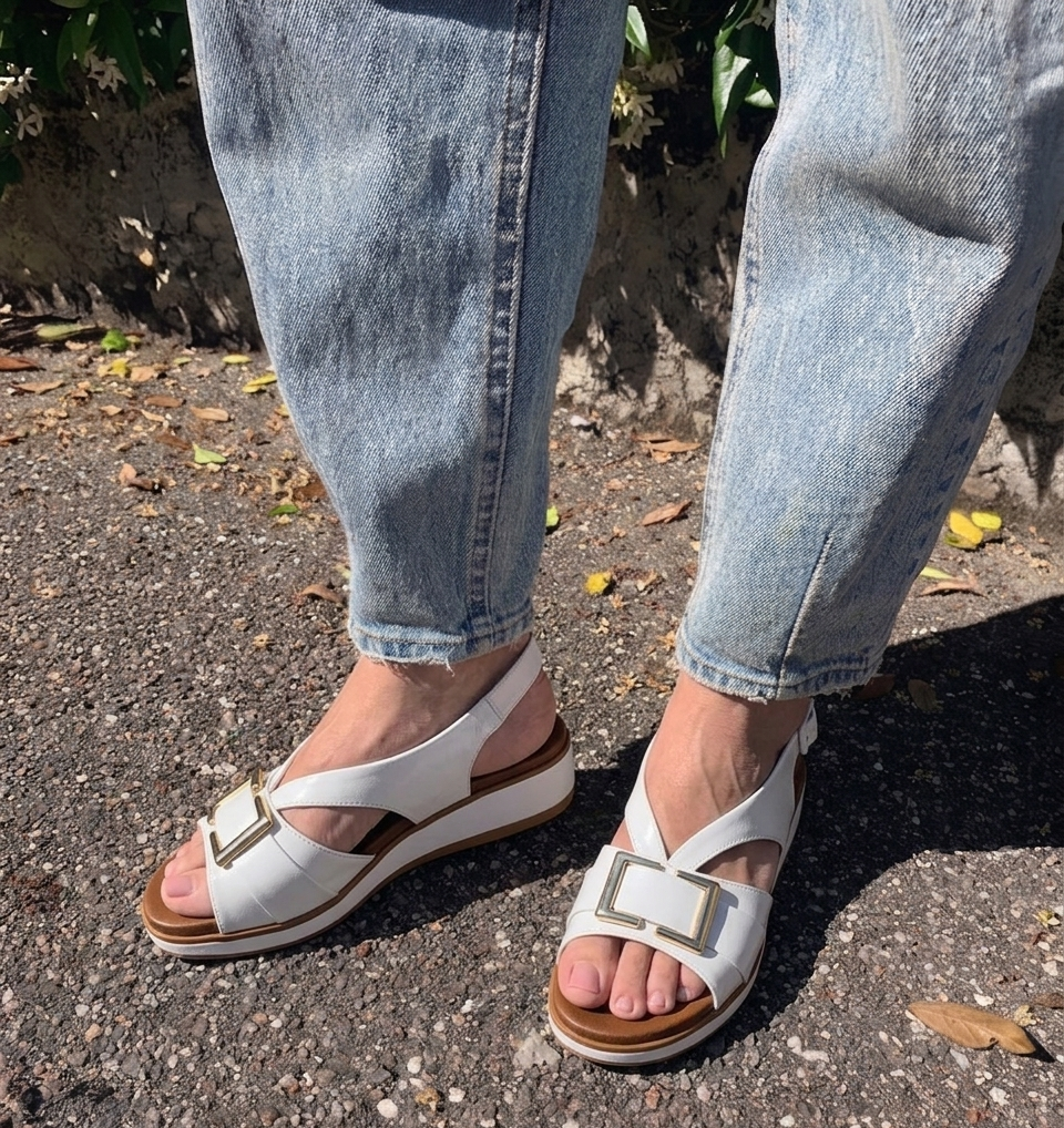 Sandalo bianco in nappa con fibbia oro